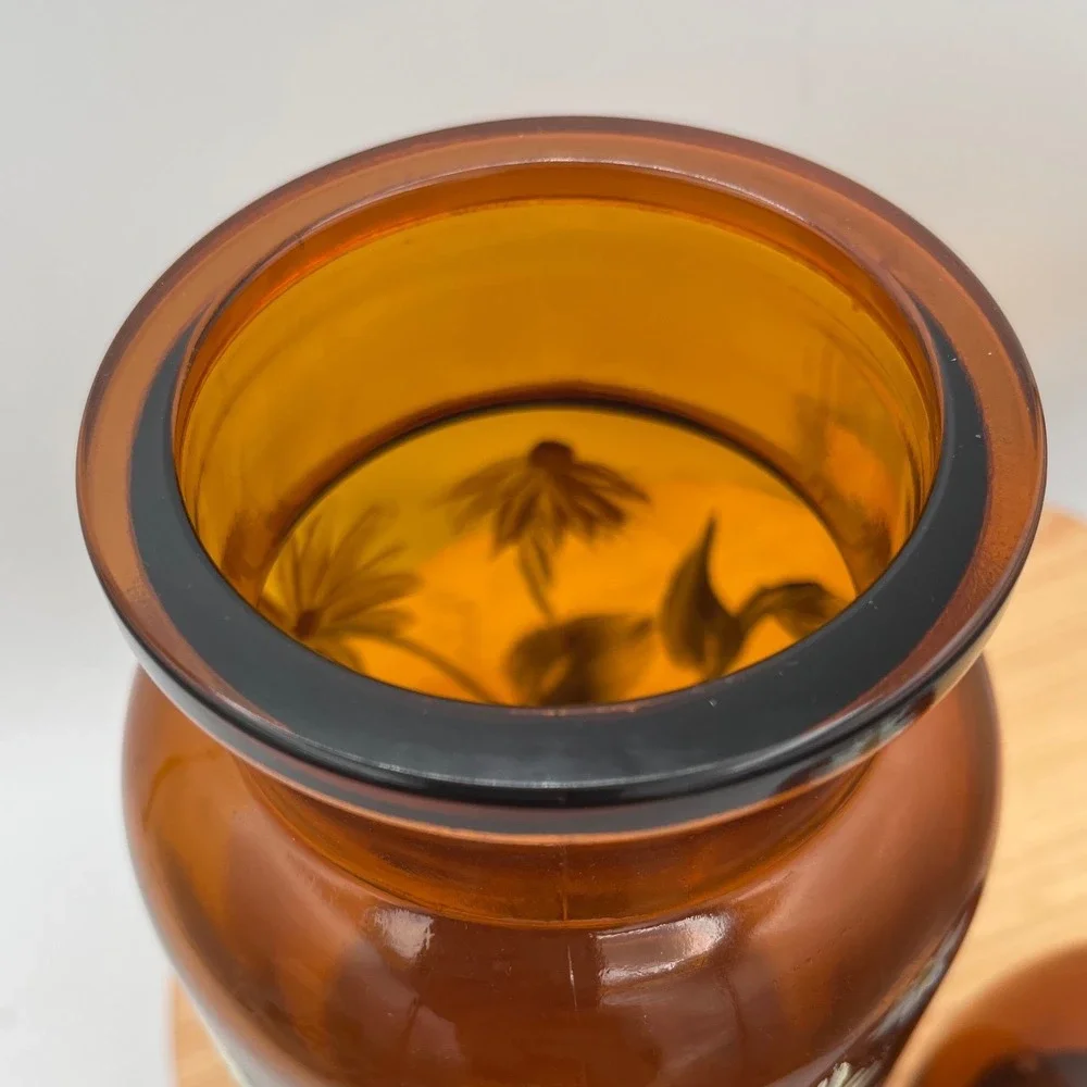 Vtg Belgian Amber Glass Jar Bubble Lid Hand Painted Daisy Storage Mid Century